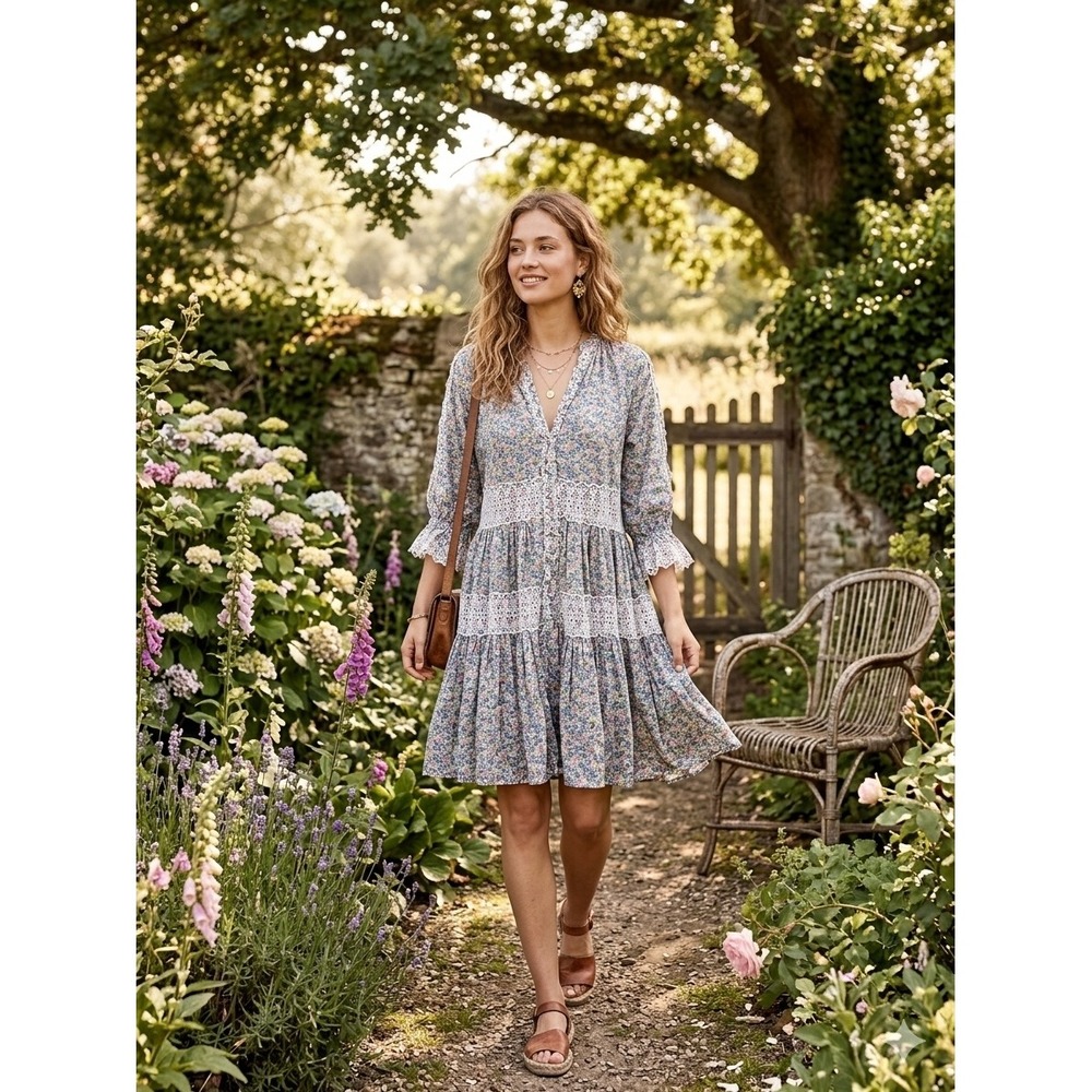 By TiMo Floral Cotton Slub Relaxed Eyelet Lace Tiered Mini Dress Blue Pink
